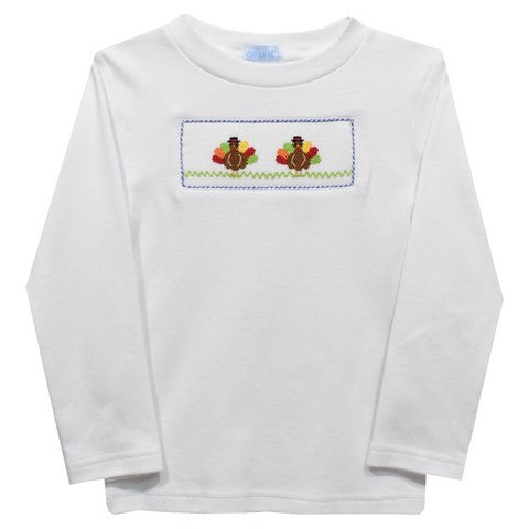 Turkey Smocked White Knit Long Sleeve Boys Tee Shirt