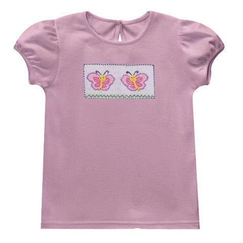Butterflies Smocked Pink Knit Puff Sleeve Girls Blouse