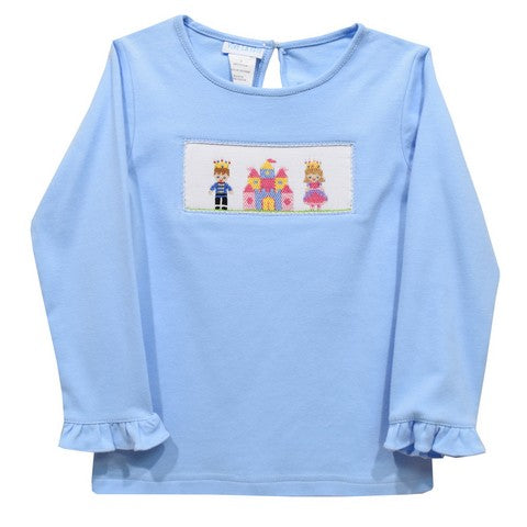 Princess and Castle Smocked Light Blue Knit Ruffle Long Sleeve Girls Tee Shirt