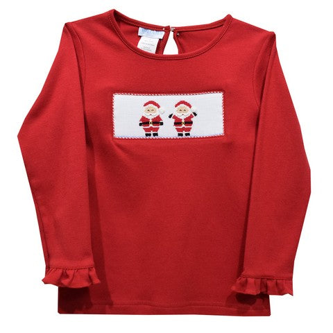 Santa Smocked Red Knit Ruffle Long Sleeve Girls Tee Shirt