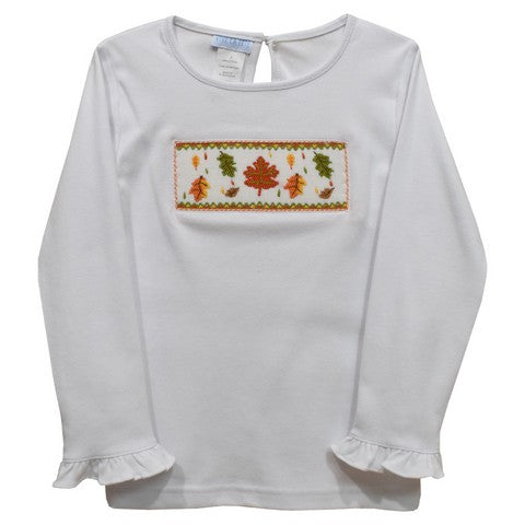 Fall Leaves Smocked White Knit Ruffle Long Sleeve Girls Tee Shirt