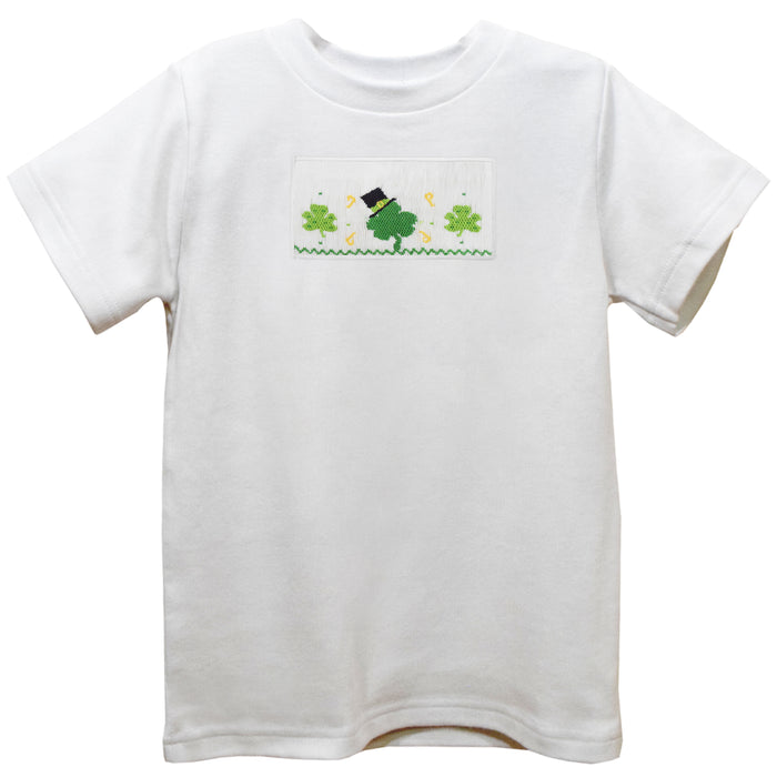 St. Patrick Shamrocks Smocked White Knit Short Sleeve Boys Tee Shirt