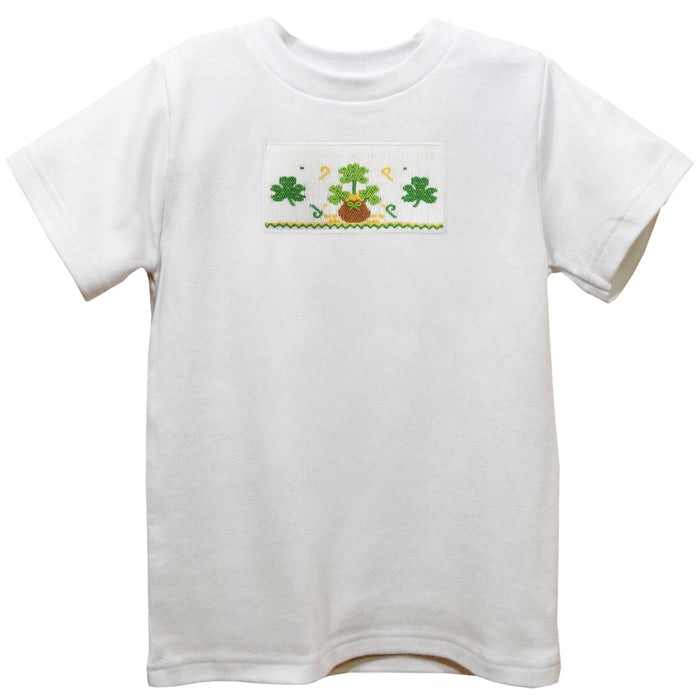 St. Patrick Shamrocks Smocked White Knit Short Sleeve Boys Tee Shirt