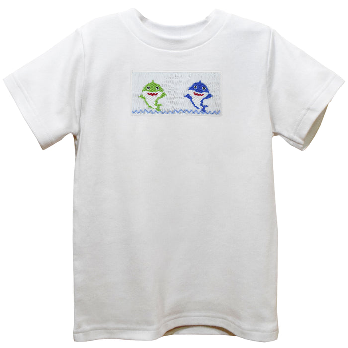 Sharks Smocked White Knit Short Sleeve Boys Tee Shirt