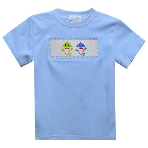 Sharks Smocked Light Blue Knit Short Sleeve Boys Tee Shirt