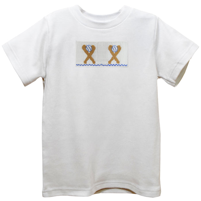 Baseball Smocked White Knit Short Sleeve Boys Tee Shirt