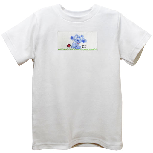 Dog Smocked White Knit Short Sleeve Boys Tee Shirt