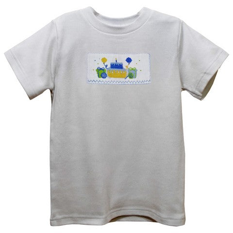 Birthday Smocked White Knit Short Sleeve Boys Tee Shirt