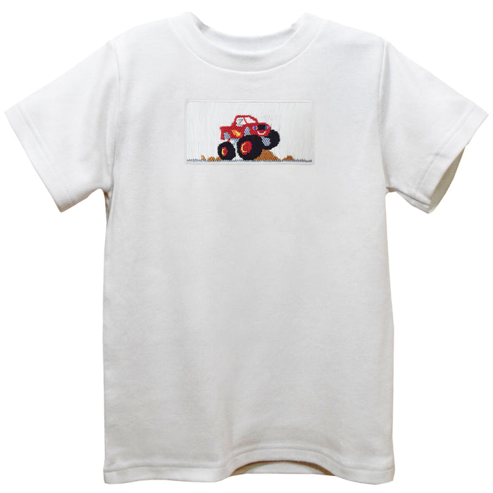 Monstertruck Smocked White Knit Short Sleeve Boys Tee Shirt