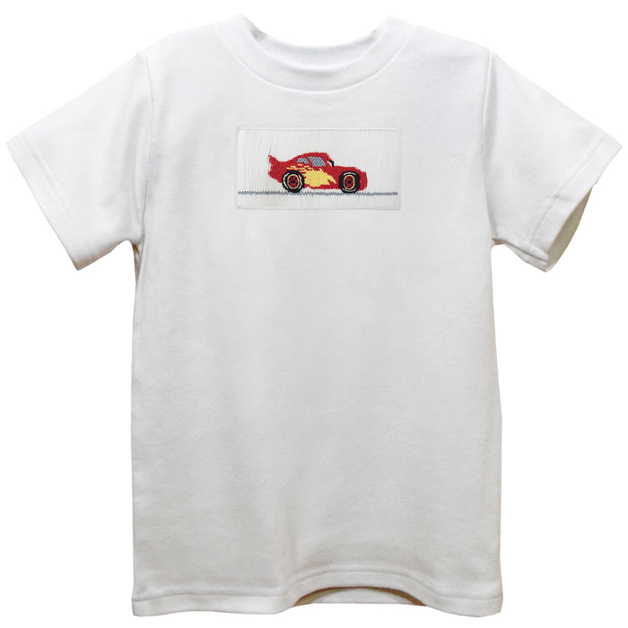 Car Smocked White Knit Short Sleeve Boys Tee Shirt