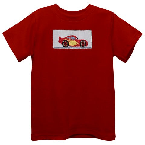 Race Car Smocked Red Knit Short Sleeve Boys Tee Shirt