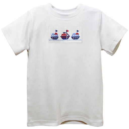 Boats Smocked White Knit Short Sleeve Boys Tee Shirt