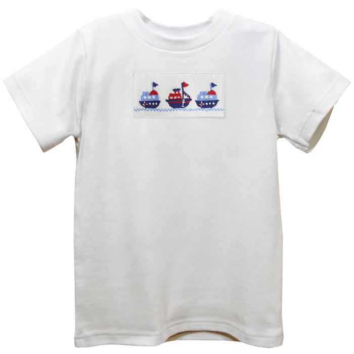 Boats Smocked White Knit Short Sleeve Boys Tee Shirt