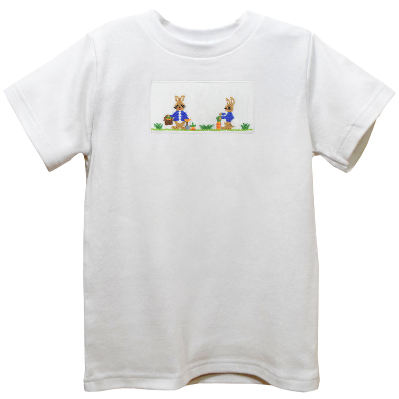 Bunnies Garden Smocked White Knit Short Sleeve Boys Tee Shirt