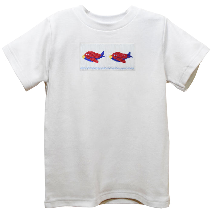 Airplanes Smocked White Knit Short Sleeve Boys Tee Shirt
