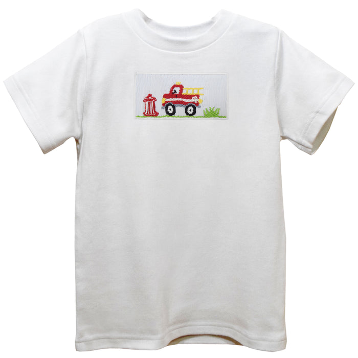 Firetruck Smocked White Knit Short Sleeve Boys Tee Shirt