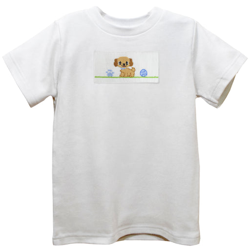 Puppy Smocked White Knit Short Sleeve Boys Tee Shirt