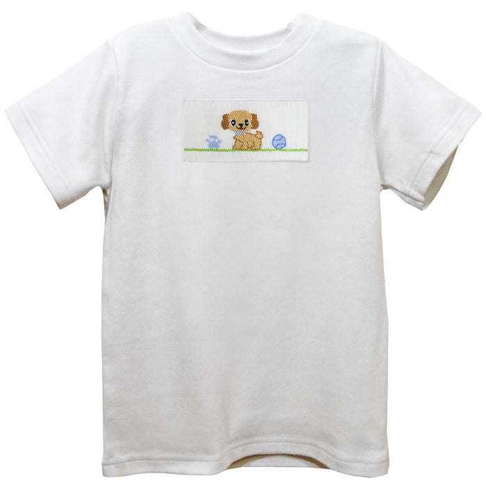 Puppy Smocked White Knit Short Sleeve Boys Tee Shirt