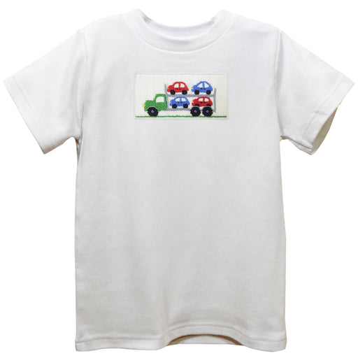 Car Carrier Smocked White Knit Short Sleeve Boys Tee Shirt