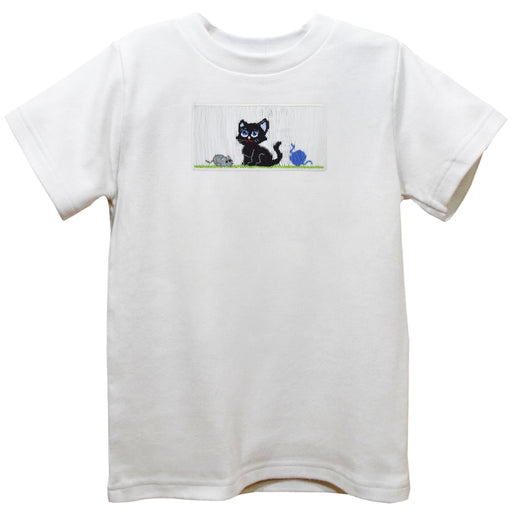 Cat Smocked White Knit Short Sleeve Boys Tee Shirt