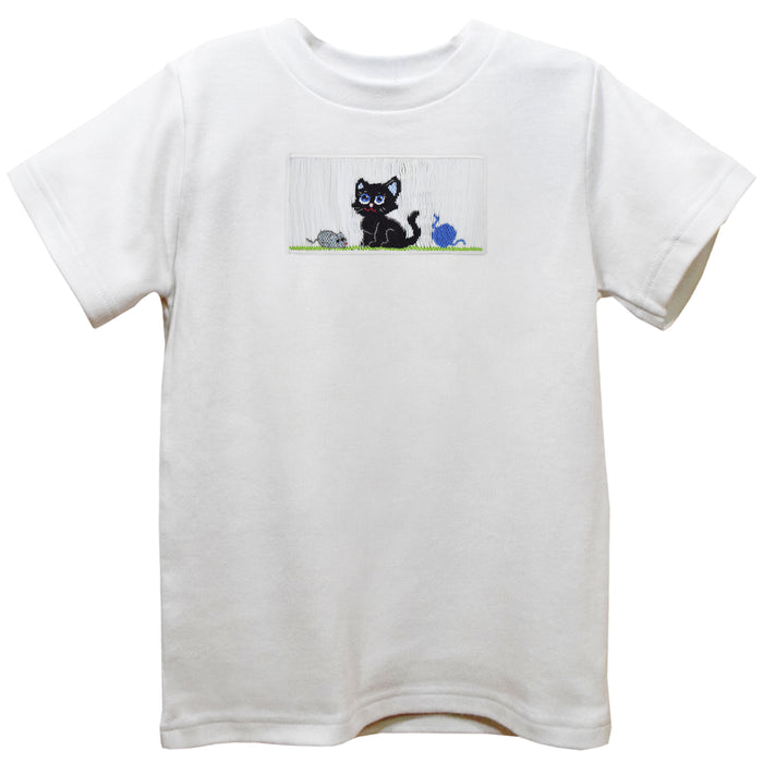 Cat Smocked White Knit Short Sleeve Boys Tee Shirt