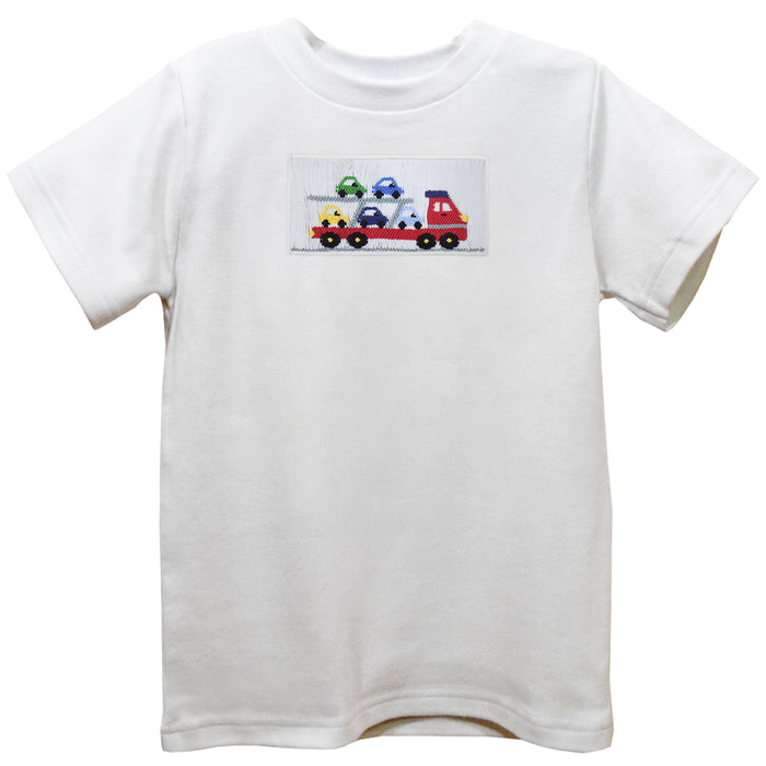 Trailer Car Smocked White Knit Short Sleeve Boys Tee Shirt