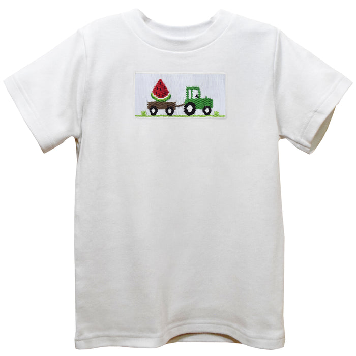 Watermelon Smocked White Knit Short Sleeve Boys Tee Shirt