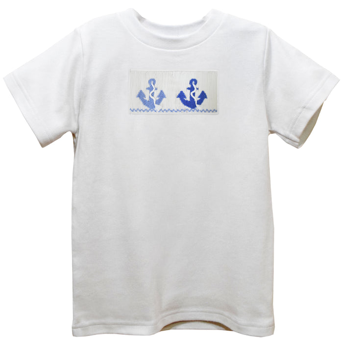 Anchors Smocked White Knit Short Sleeve Boys Tee Shirt