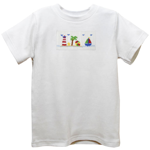 Summer Smocked White Knit Short Sleeve Boys Tee Shirt