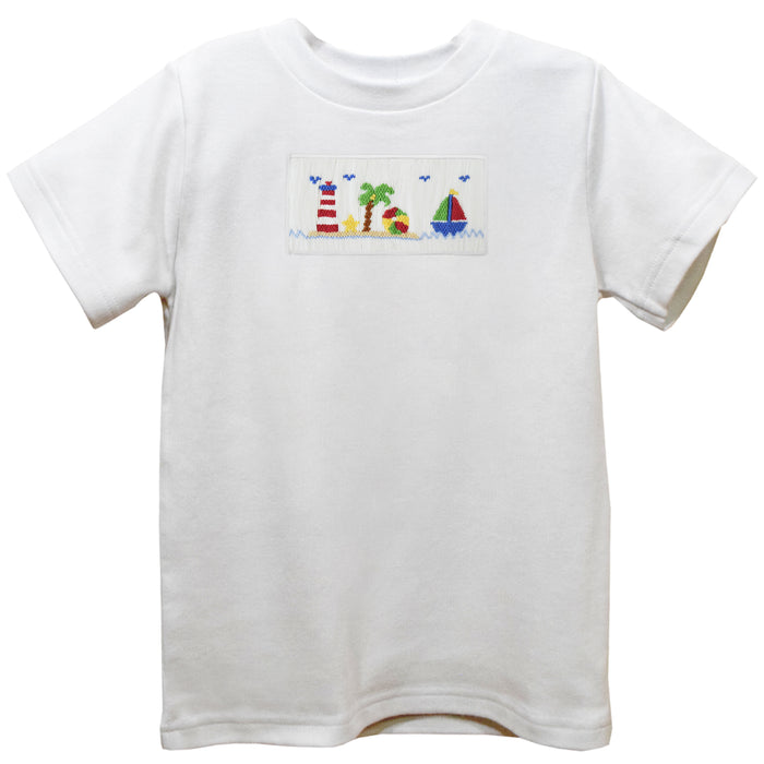 Summer Smocked White Knit Short Sleeve Boys Tee Shirt
