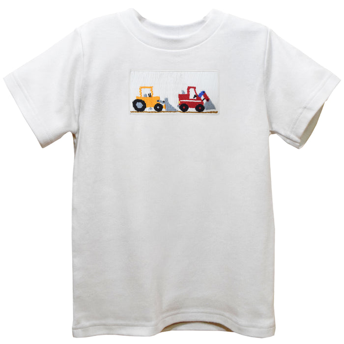 Construction Smocked White Knit Short Sleeve Boys Tee Shirt