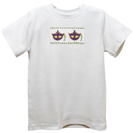 Mardi Gras Masks Smocked White Knit Short Sleeve Boys Tee Shirt