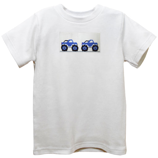 Monster Trucks Smocked White Knit Short Sleeve Boys Tee Shirt