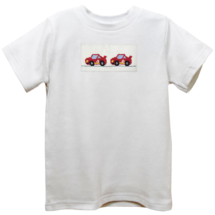 Racing Cars Smocked White Knit Short Sleeve Boys Tee Shirt