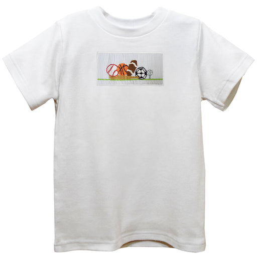 Sposts Balls Smocked White Knit Short Sleeve Boys Tee Shirt