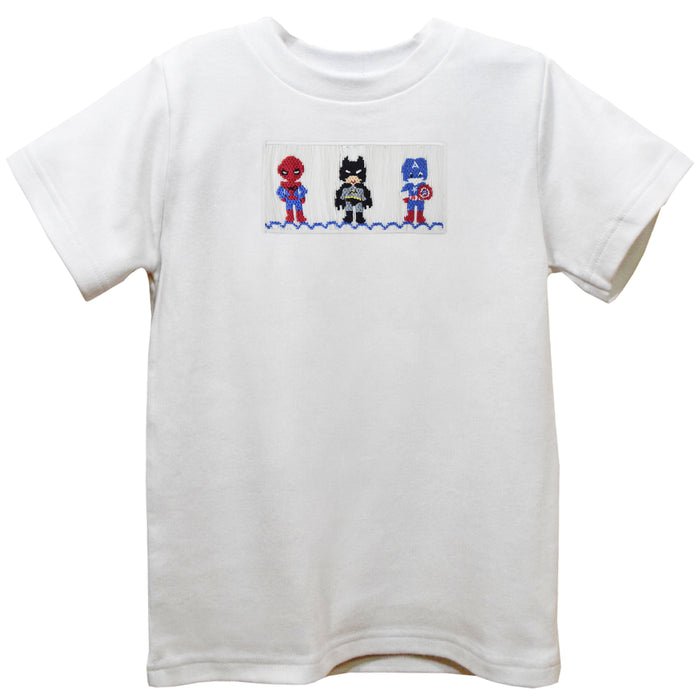 Superheroes Smocked White Knit Short Sleeve Boys Tee Shirt