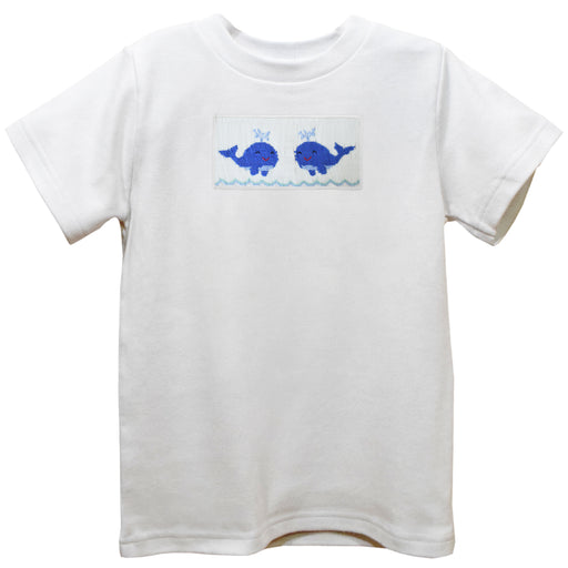 Whales Smocked White Knit Short Sleeve Boys Tee Shirt