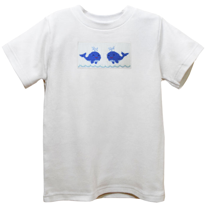 Whales Smocked White Knit Short Sleeve Boys Tee Shirt