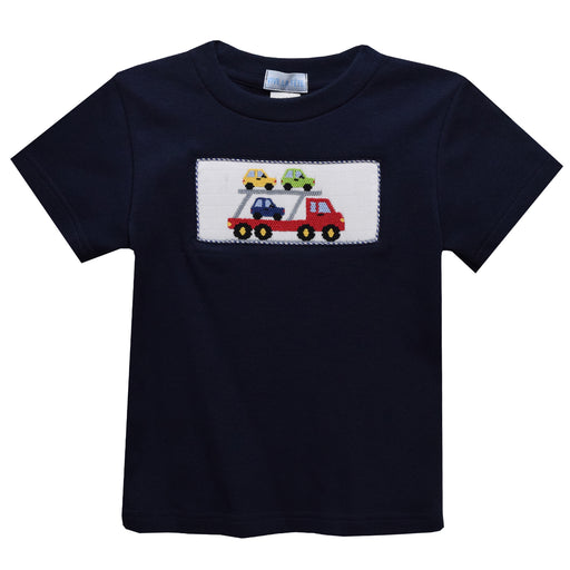 Trailer Car Smocked Navy Knit Sleeve Boys Tee Shirt - Vive La Fête - Online Apparel Store