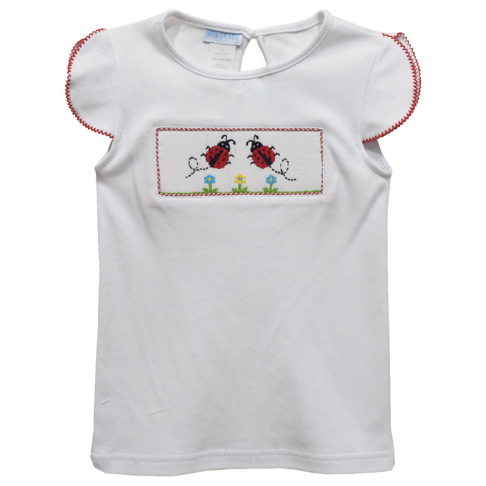 Ladybugs Smocked White Knit Girls Top Cap Sleeve - Vive La Fête - Online Apparel Store