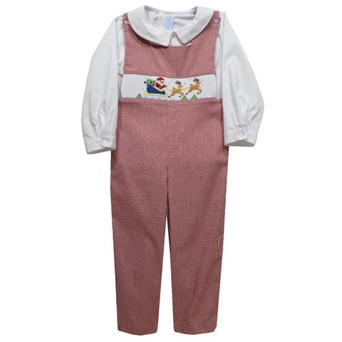 Santa Sleigh Smocked Red Check Boys Long Jon Jon and Shirt Long Sleeve