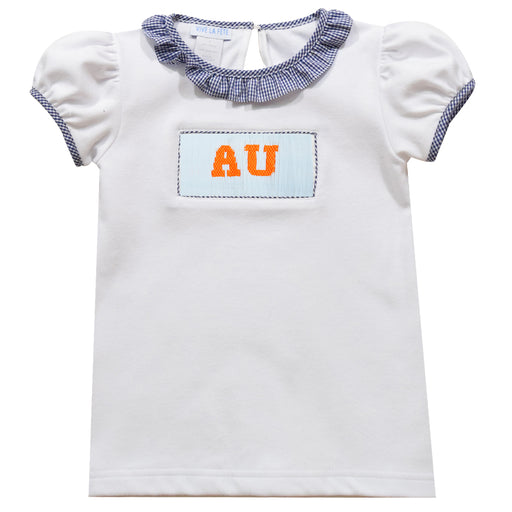 Auburn Smocked Short Sleeve Girls Knit White Tee Shirt - Vive La Fête - Online Apparel Store
