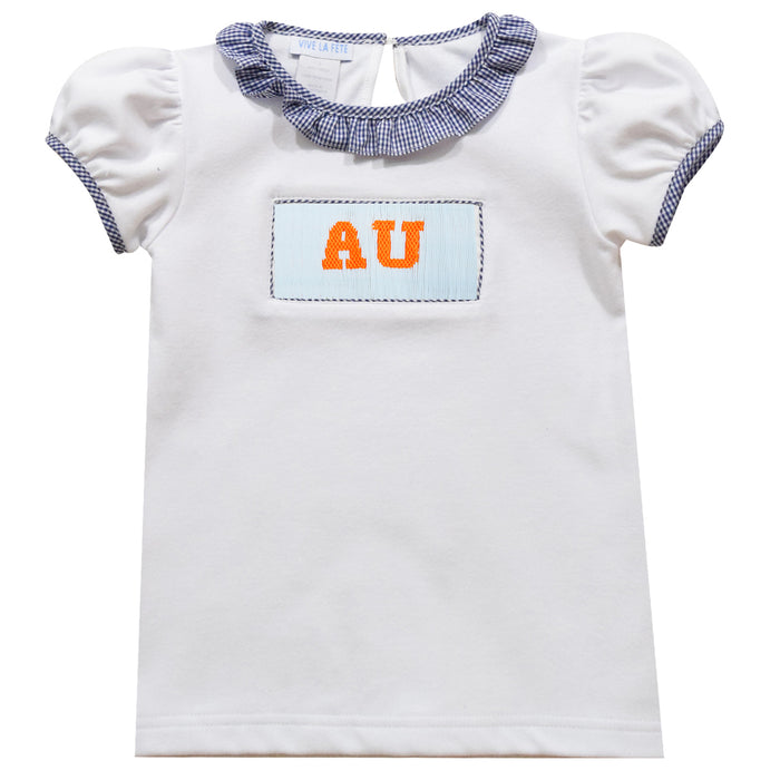 Auburn Smocked Short Sleeve Girls Knit White Tee Shirt - Vive La Fête - Online Apparel Store