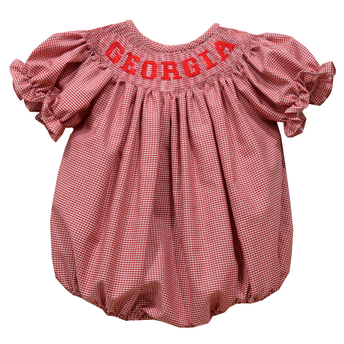 Georgia Smocked Red Gingham Short Sleeve Girls Bubble - Vive La Fête - Online Apparel Store