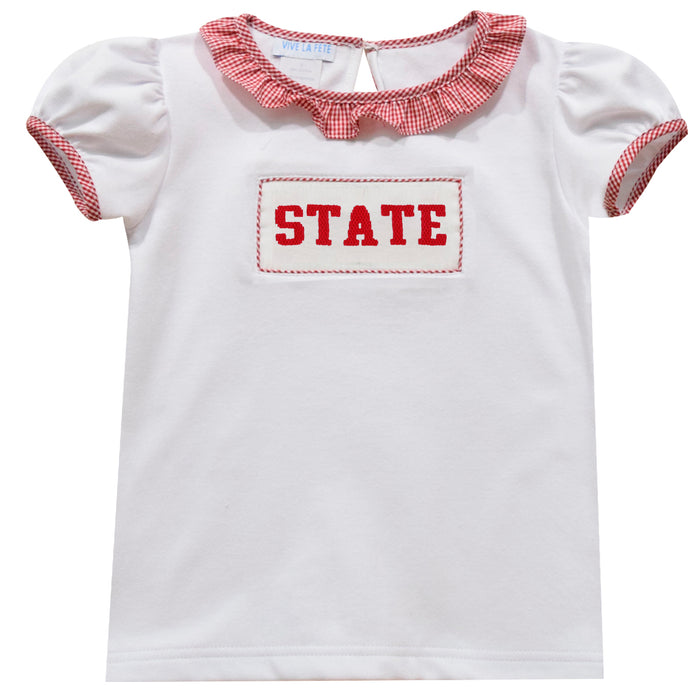 NC State Smocked Short Sleeve Girls Knit White Tee Shirt