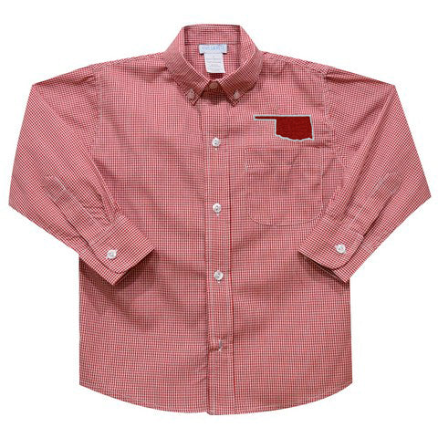 Oklahoma Map Embroidered Red Gingham Long Sleeve Button Down Shirt - Vive La Fête - Online Apparel Store