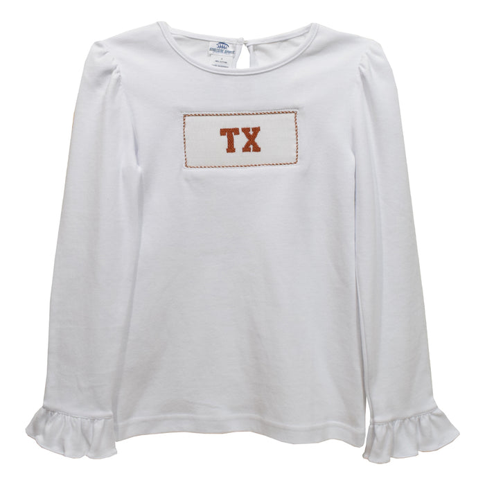 Texas Smocked White Knit Ruffle Girls Tee Long Sleeve