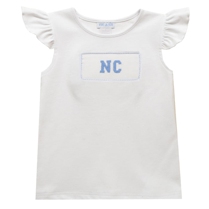 North Carolina Smocked White Knit Ruffle Girls Tee Long Sleeve