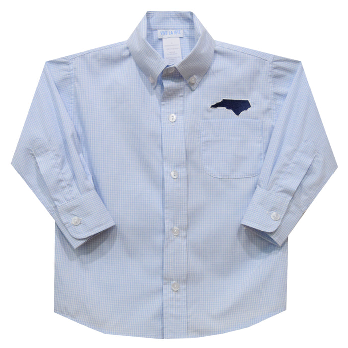 North Carolina Embroidered Light Blue Gingham Long Sleeve Button Down Shirt