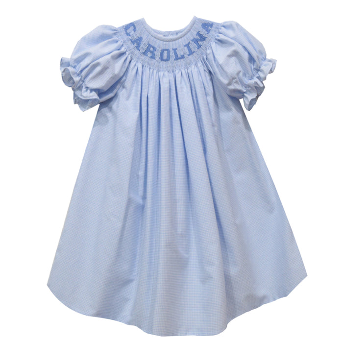 North Carolina Smocked Light Blue Gingham Short Sleeve Bishop - Vive La Fête - Online Apparel Store